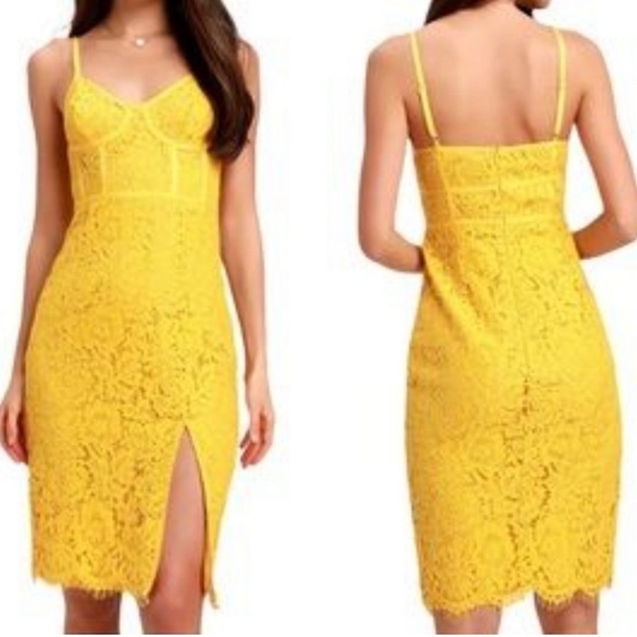 Lulus Dresses & Skirts - Lulu’s Love Me Right Yellow Lace Bodycon Midi Dress Medium Slit Sexy